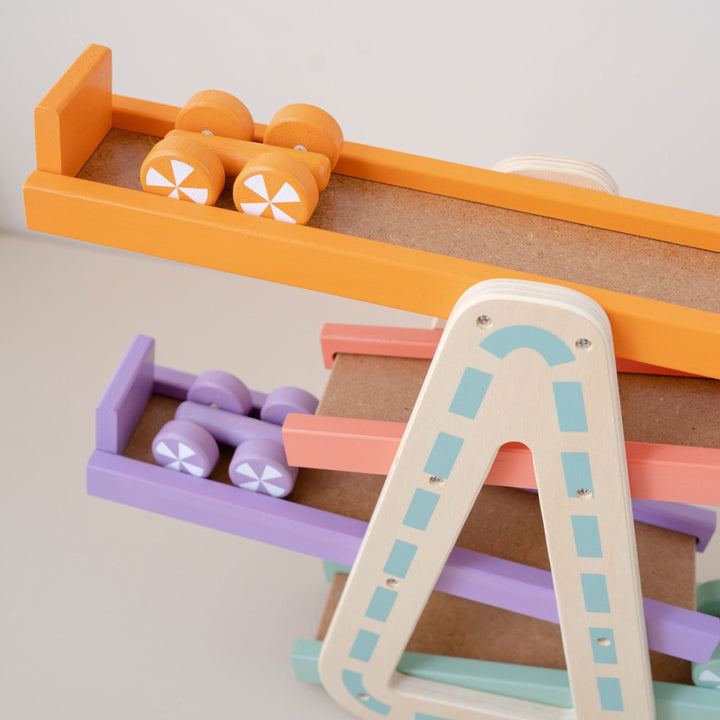 Colourful wooden ramp racer toy 