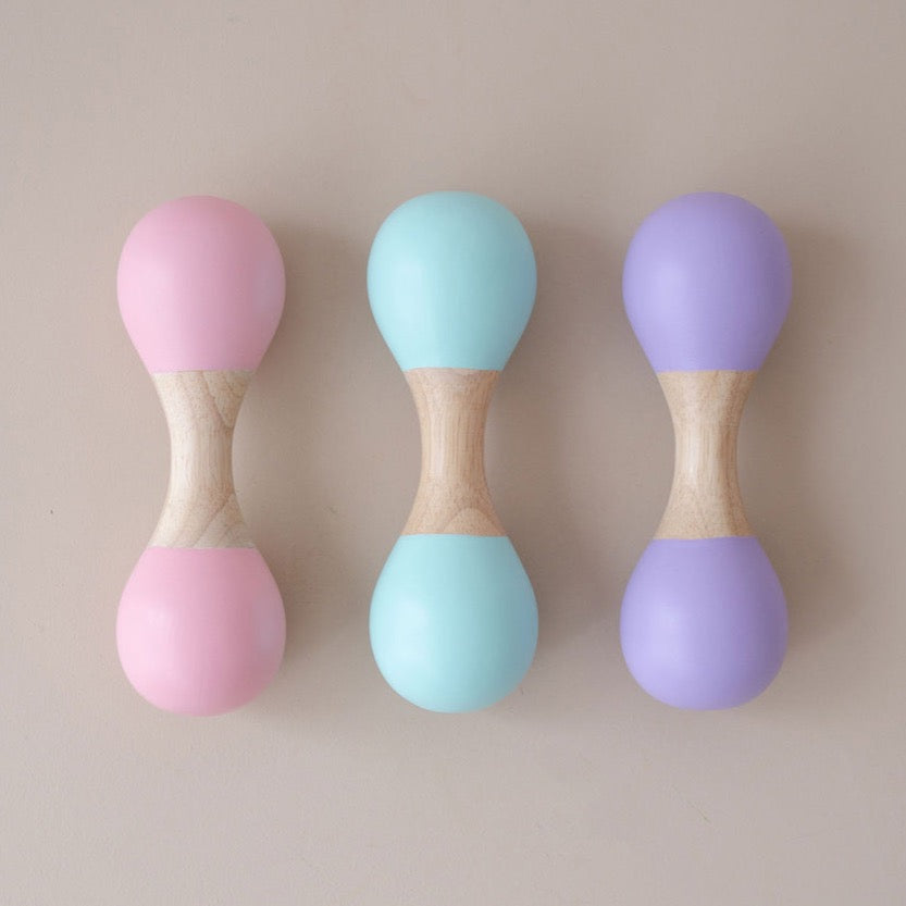  Double-sided maraca for babies in purple, blue or pink