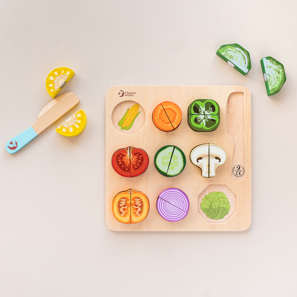 Colourful wooden Vegetable Puzzle toy with some pieces in place and others next to the board.